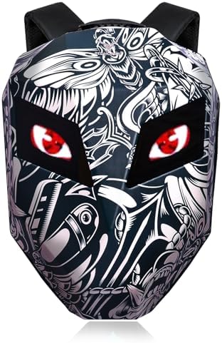 REDHORNS LED Eyes Biker Backpack for Motorcycle Riding, Hard Shell Expandable Motorbike Rider Backpack, Waterproof DIY Daypack for Travelling Camping Cycling Helmet Storage Bag