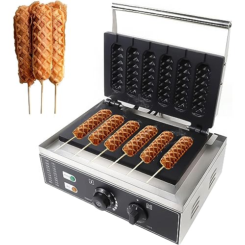 DSeenLeap Máquina eléctrica Comercial para Hot Dogs de maíz de 1550 W, 6 Unidades para Hacer palitos de Waffle, Rango de Temperatura de 50 a 300 °C, Temporizador de 0 a 5 Minutos, Hornear delicio