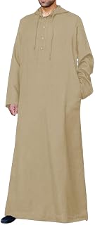 Men's Cotton Linen Robe Casual Kaftan Thobe Long Gown Hoodie Drawstring Retro Long Sleeve