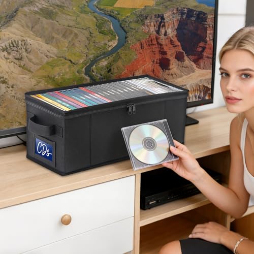 CCidea CD Storage Box with Clear Window - 2 Pack Media Organizer, Innovative Folding Design for CD Discs, CD Holder with Reinforced Handle & Label Slot, Holds 29 CDs Each, Fits Car & Home Use (2)