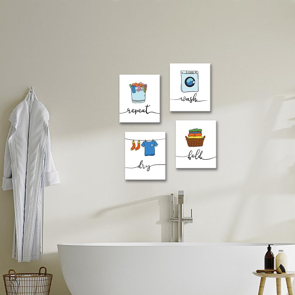 Watercolor Laundry Room Wall Art Canvas Prints,Funny Modern Home Bedroom Framed Art Posters Bathroom Wall Decor Set of 4(8"x10").