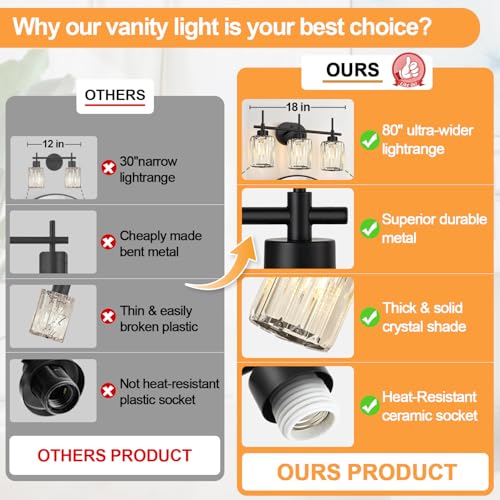 Image of Matte Black Vanity Light, 3-Light Crystal Modern Bathroom Lighting Fixtures Over Mirror, Black Bathroom Vanity Light (Bulbs Not Included)