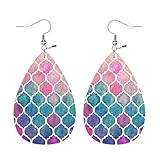 Zokola Geometric Teardrop Earrings, Oriental Pink Aqua Rainbow Moroccan Pattern Double-Sided Dangle Earring For Women Friends, Lightweight Faux Leather Earrings