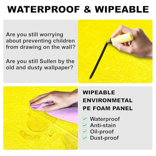 Image of TEKCOOL Self-Adhesive Waterproof PE Foam 3D Wall Panels Wallpaper Sticker for Bathroom, Living Room, and Home Decoration (70 x 77cm, Appx. 5.8Sq Feet)-5 Piece-Yellow'