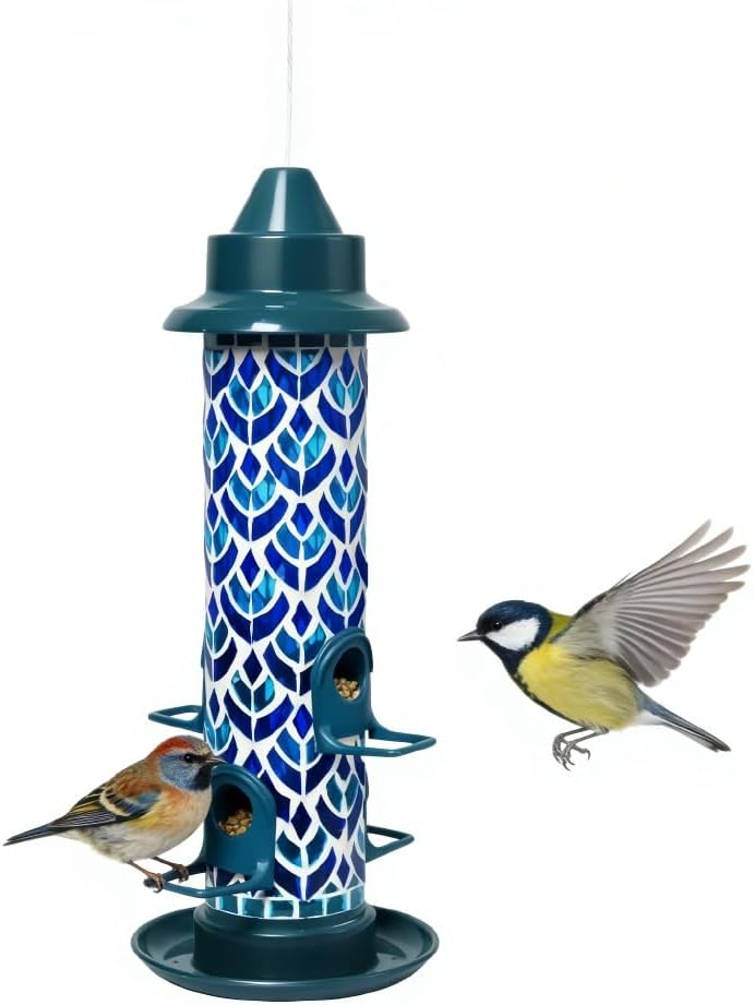 Lily's Home Blue Mosaic Tube Bird Feeder - Attracts Small Birds - 4 Feeding Ports, 3 or 4 Cups Capacity & 6'' Hanging Wire - Tube Bird Feeders for Outdoors Garden - Easy Refill - Twist-Off Cap