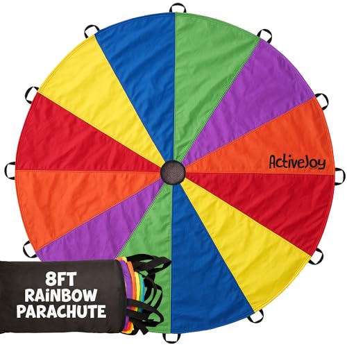 Activejoy- Parachute for Kids - 8 FT Rainbow Parachute for Kids with 8 Handles - 8 ft Play Parachute Game for Kids