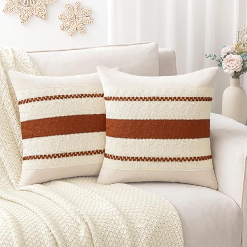 Laolitou Sofa Fall Pillow Covers 18×18 Set of 2, Boho Decorative Cotton Linen Soft Rustic Rust Throw Pillow Cover for Living Room Bedroom Couch Cushions Home Decor