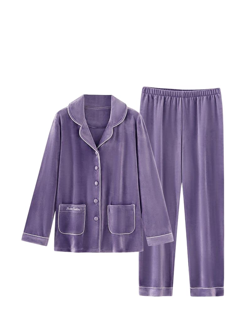 LUBOSE Pijama de franela para mujer, conjunto de ropa de descanso, 2 piezas, pijama con botones, ropa de descanso térmica (XL, morado)