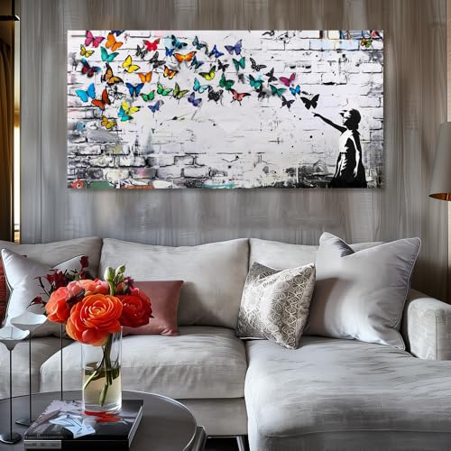 Colorful Graffiti Wall Art Funny Butterfly Paintings Banksy Street Art Mural Pop Art Home Office Wall Decor Framed Canvas Wall Decor for Living Room Ready to Hang -58x28in by SHYART - Image 3