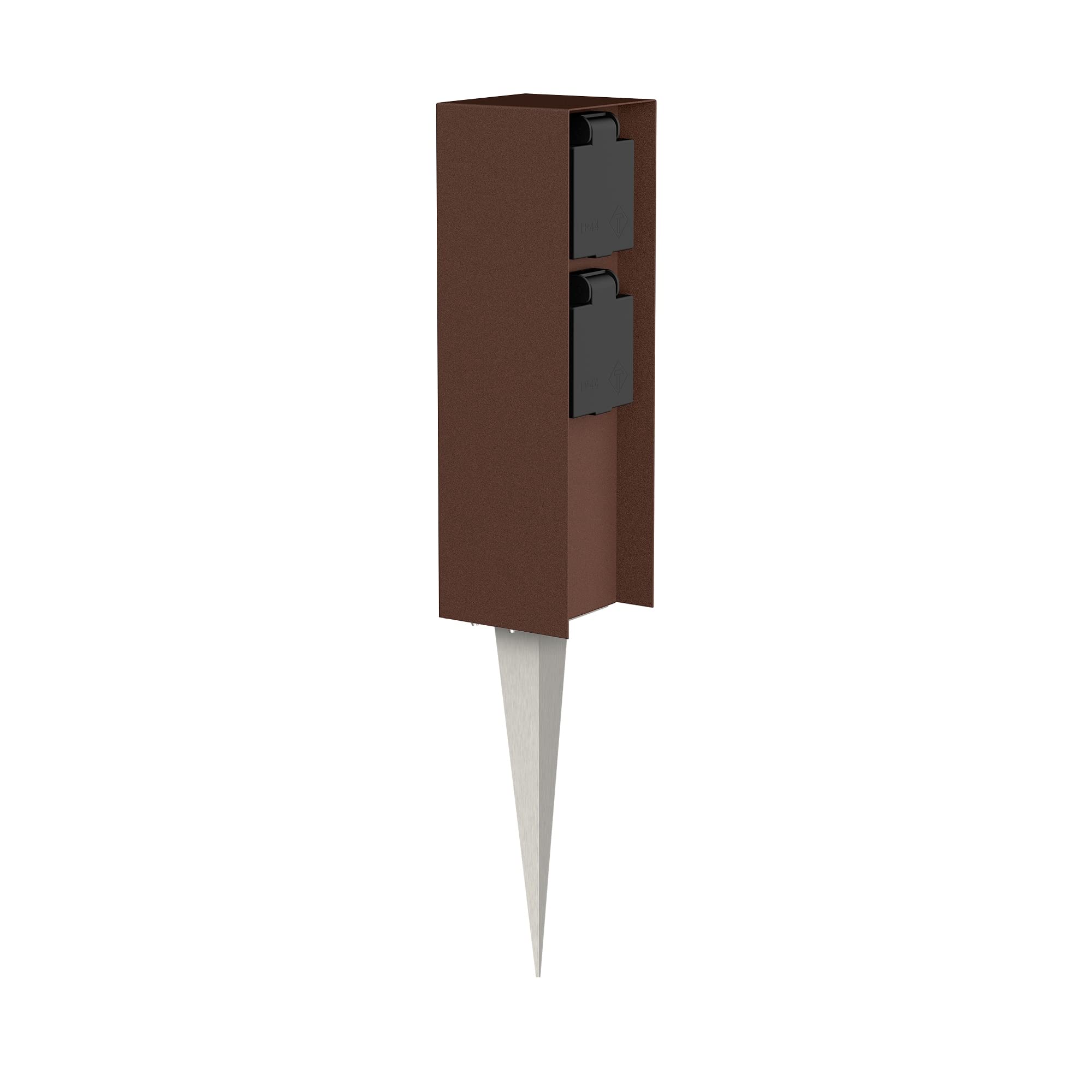ledscom.de Garten-Steckdosen-Säule POMI mit Erdspieß für außen, IP44, 2-Fach, braun, eckig, 23cm