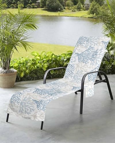 Beach Pool Patio Lounge Chaise Chair Cover Towel with Pockets,Blue Grey Coral Absorbent & Quick Dry Microfiber Towel Cover Bag Summer Travel Accessories Coastal Beach Ocean Summer Beach Watercolor