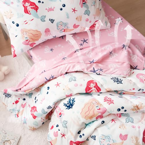 Image of PHF 4 Piece Toddler Bedding Set, Ultra Soft Toddler Comforter Sets Include Comforter, Fitted Sheet, Flat Top Sheet and Pillowcase for Girls, Bed in A Bag for Baby Bedroom, Mermaid