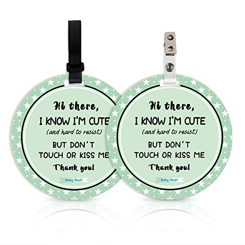 Image of No Touching Newborn Baby Car Set Sign or Stroller Tag, Do Not Touch Baby Sign for Baby Girl Boy, Baby Preemie Gender Neutral No Touch Safety Sign with Hanging Straps and Clip (2 Pack Set)