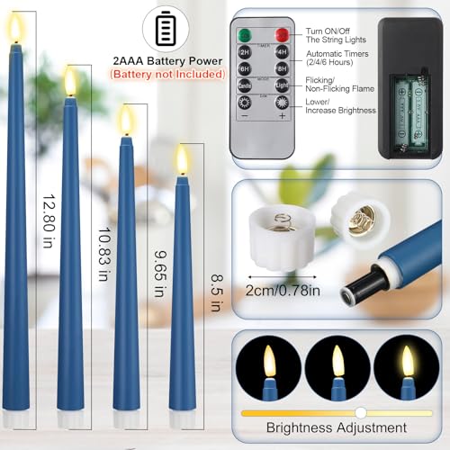 Image of Rossesay 16 Pcs Blue Flameless Taper Candles Battery Operated Candles with Remote Timer 8.5 inch 9.6 inch 10.8 inch 12.8 inch LED Flameless Flickering Candlestick for Halloween Christmas Wedding Party Decor