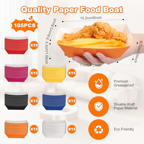 MEOTAKILE 2lb Paper Food Trays Boat 105pcs Disposable Serving Tray Multicolor Candy Bowl Food Boats For Fries Snack Picnic Party Wedding Eating Concession Stand Supplies