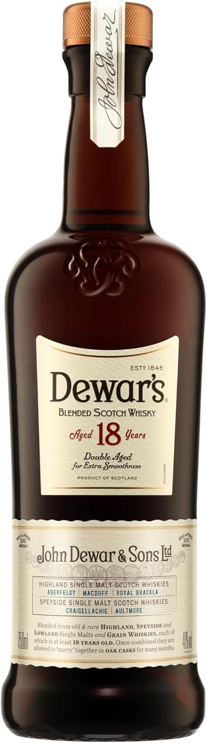 Dewar's 18 Year Old Blended Scotch Whisky con Lata de Regalo, 40% ABV, 700ml, Madurado en Barricas de Roble Vintage, 70cl (el embalaje puede variar)