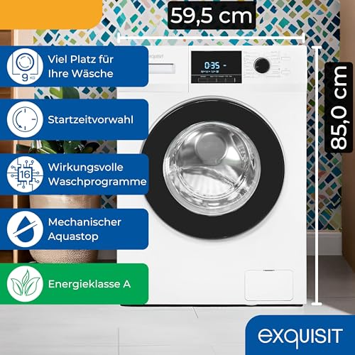Exquisit Waschmaschine 9kg, Energieeffizienzklasse A, max. 1400 U/Min, Aquastop, Kurzprogramm, Startzeitvorwahl (3-24 Std.), Höhenverstellbare Füße, 16 Waschprogramme, WA59214-340A weiss – Bild 4