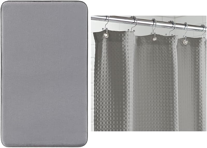 Cortina de ducha de espuma viscoelástica para baño y gofre, tamaño de baño 60 x 24, lavable, absorbente, tamaño de cortina de ducha tipo gofre 72 x 72, tela gruesa con peso, ambos en gris, paquete de 2 artículos