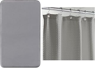 Cortina de ducha de espuma viscoelástica para baño y gofre, tamaño de baño 60 x 24, lavable, absorbente, tamaño de cortina de ducha tipo gofre 72 x 72, tela gruesa con peso, ambos en gris, paquete de 2 artículos