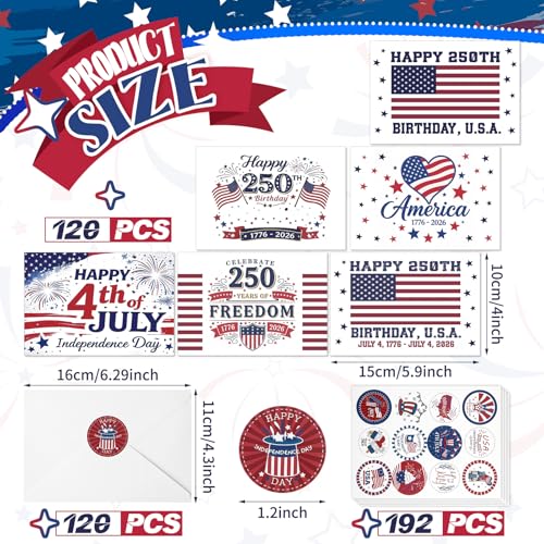 Sherr 120 Pcs Patriotic 4th of July Greeting Cards Bulk for 250th Anniversary with 120 White Envelopes and 24 Stickers Veterans Memorial Independence Day 4 x 6 Inch Note Cards for America Party by Sherr - Image 2