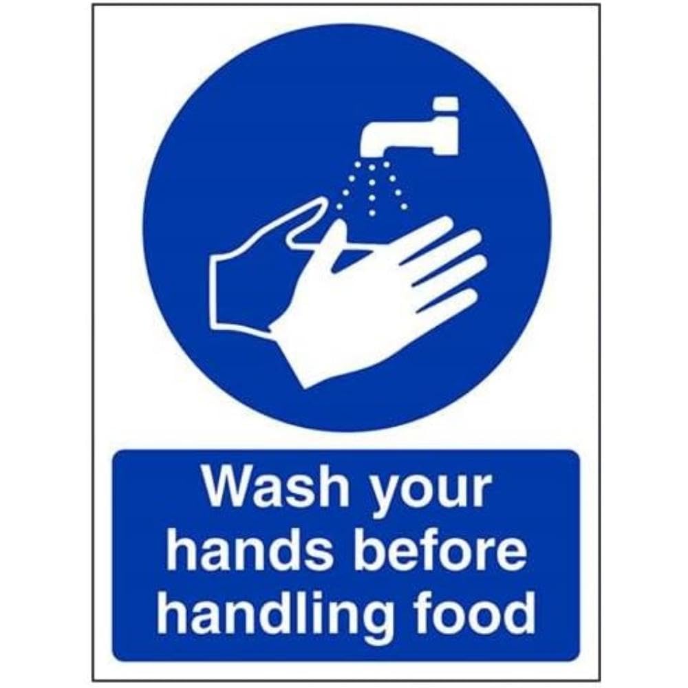 V Safety Wash Your Hands Before Handling Food Sign - 150mm x 200mm - 1mm Rigid Plastic