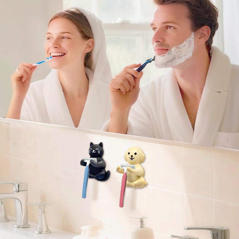 Cute Cat and Dog Waterproof Self-Adhesive Shower Hook Set, Black Cat and Yellow Dog Razor Holder Bathroom Accessories for Men Women Animal Lover, Animal Lover Bathroom Decor Gifts for Women Men image 4