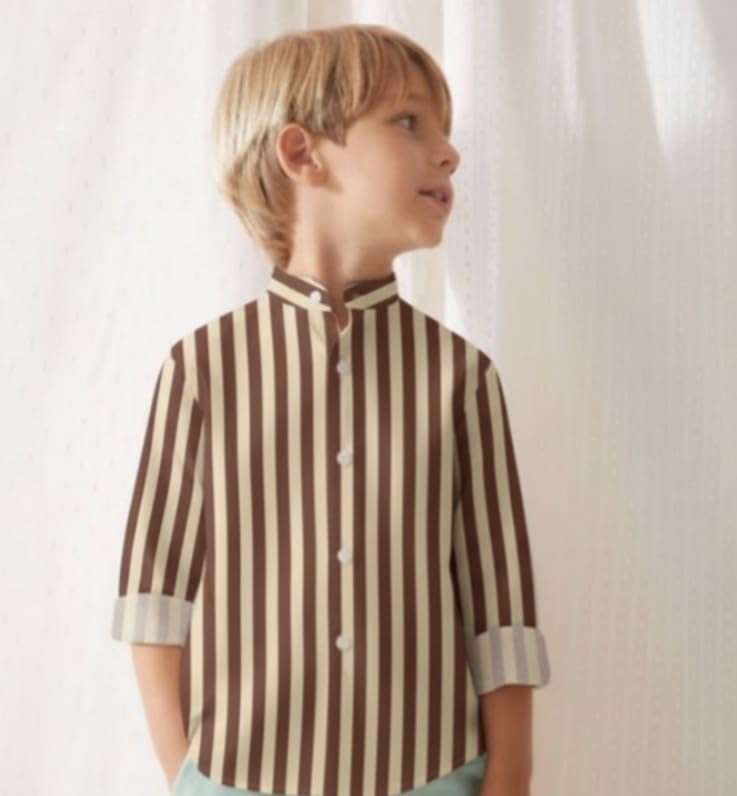 Image of A.T.U.N. (ALL THINGS UBER NICE) Boys 100% Cotton Band Collar Shirt | Soft Fabric with Button Front Style & Roll-Up Sleeves | Comfortable Casual Kids Shirt