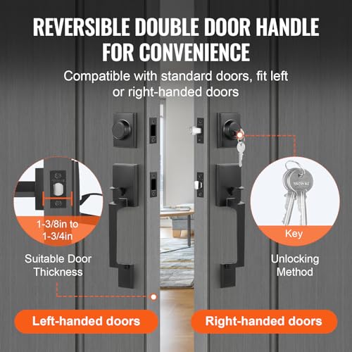 VEVOR Double Door Handle Set, Matte Black Square Door Lever, Double Front Door Handle Set with Reversible Handle Lever, Heavy Duty Double Door Lock Set with Dummy, for Office Door or Front Door by VEVOR - Image 5