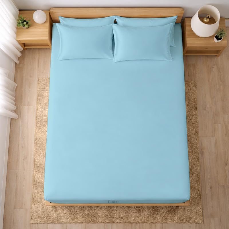 Image of Filbert - Premium Satin Fitted Bedsheet Single Bed (36x75 Inch) with 1 Pillow Cover | Hypoallergenic Breathable | Hair and Skin Friendly, Women Gift Choice|Dreamy Blue