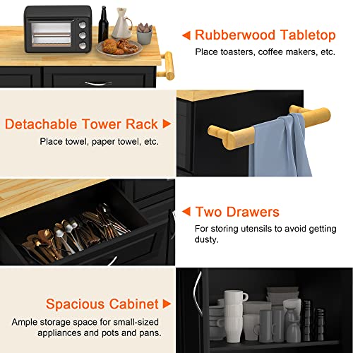 Codesfir Kitchen Island Cart With Storage Cabinet, Kitchen Island On Wheels With Drawer And Towel Rack, Rubber Wood Top, L48Xw18Xh36 Inches, Black #TOP3