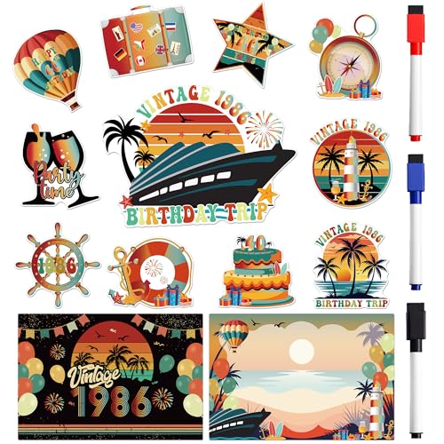 Birthday Cruise Door Decorations Magnetic, 13 Pcs Vintage 1986 40th Birthday Cruise Magnets, Retro Nautical Ship Cabin Door Signs Fridge Magnets Decor with 3 Pcs Pens