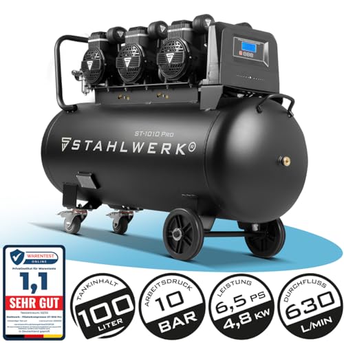Stahlwerk Kompressor 400V mit 100L Tank, ölfrei und leise, 10 bar