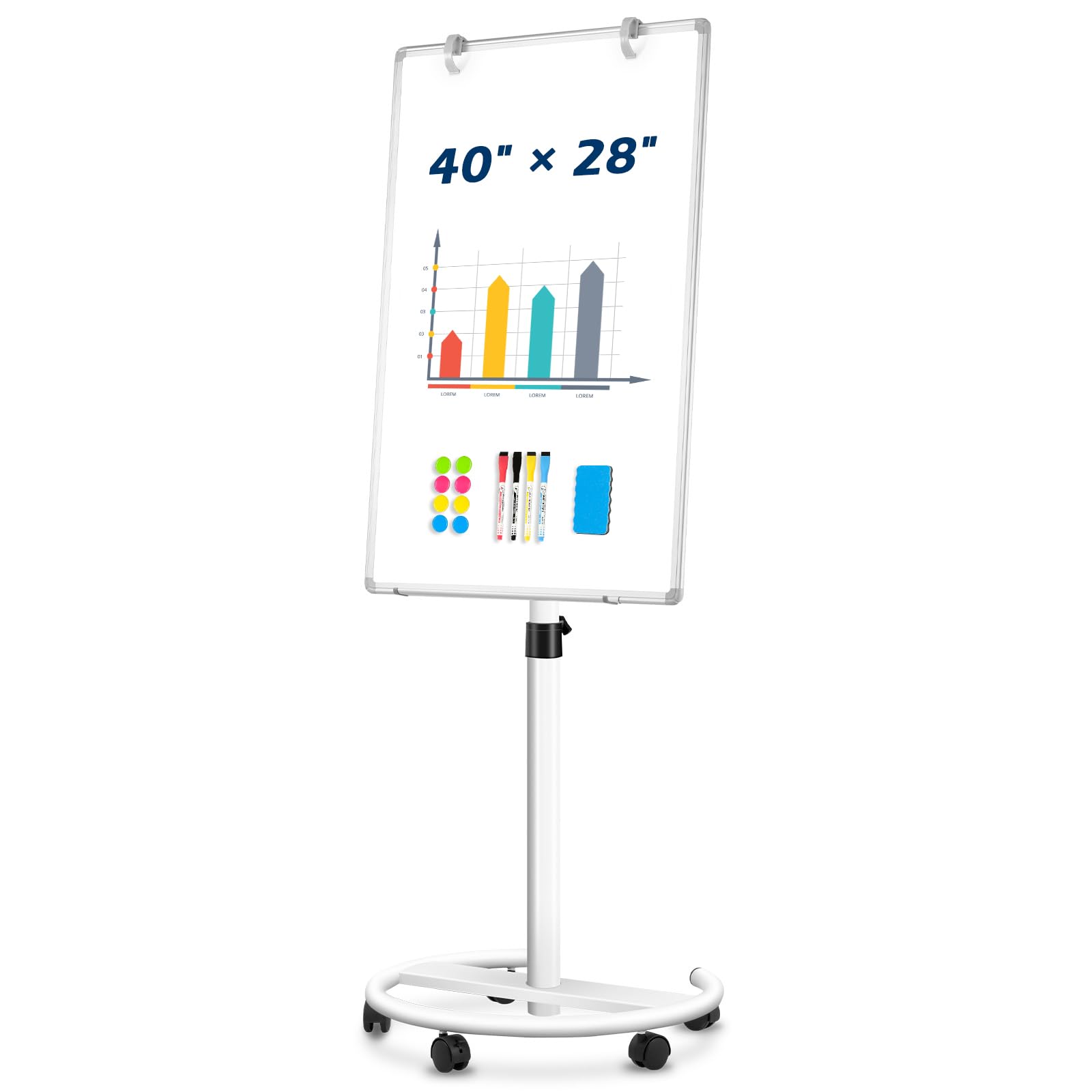 QUEENLINK Mobile Whiteboard, 40"x28" Magnetic White Board with Stand, Height Adjustable Flip Chart Easel, Dry Erase Standing Whiteboard for Office,
