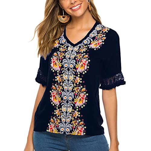 Ak Women's Summer V Neck Boho Embroidered Shirts Short Sleeve Casual Tops Blouse (Black, S) #TOP4