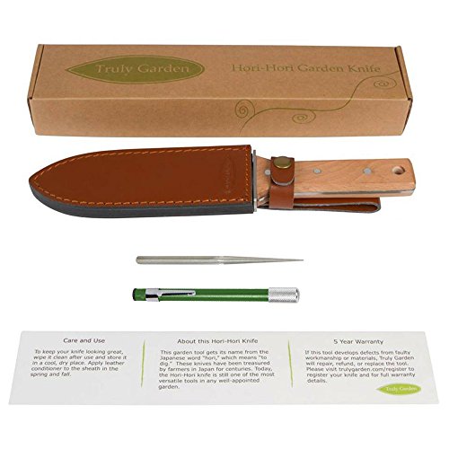Hori Hori Garden Knife with Diamond Sharpening Rod, Thickest Leather Sheath and Extra Sharp Blade - in Gift Box. This Hori Hori Knife Makes a Great Gardening Gift.