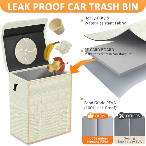 Image of Vankor Car Trash Can for Car Cute, Car Trash Bag Bin Hanging Waterproof Automotive Car Garbage Cans Leak Proof Vehicle Trash Can Diamond Pattern-Beige
