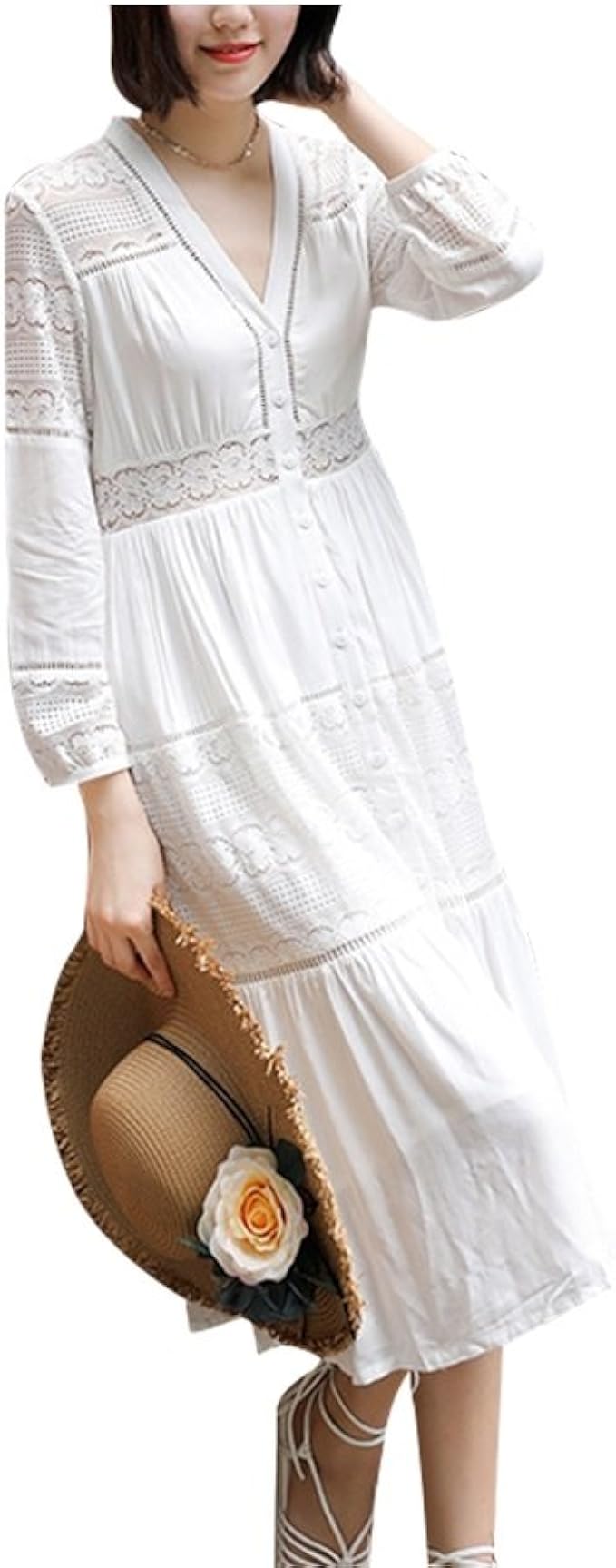 Amazon Co Jp Dolly Para 綿麻 刺繍ワンピース Vネック レース 白 無地 長袖 膝下丈 涼しい 夏秋 ファッション