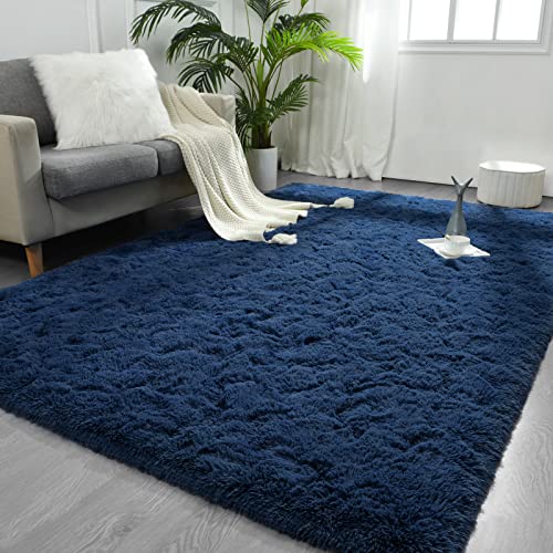 Image of FlyDOIT Large Area Rugs for Living Room, 4x6 Feet Navy Blue Shaggy Rug Fluffy Throw Carpets, Ultra Soft Plush Modern Indoor Fuzzy Rugs for Bedroom Girls Kids Nursery Room Dorm Home Decor
