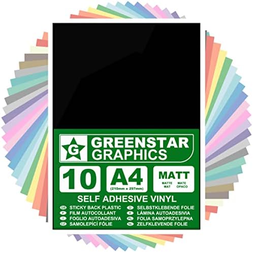 GREENSTAR GRAPHICS® A4 Sticky Back Plastic Self Adhesive Craft Vinyl (10 Sheet Pack) Arts & Crafts, Stickers, DIY. Compatible with 12 Cricut, Cameo/Curio/Portrait, ScanNCut (Black Gloss A4)