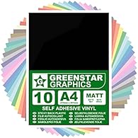 This pack contains 10 A4 vinyl sheets of BLACK MATT sticky back plastic self adhesive craft vinyl. Also available in any of the 20 + different colours from above. Each A4 sheet measures 210mm x 297mm Ideal for Arts & Crafts, Hobbies, DIY, Stickers, U...