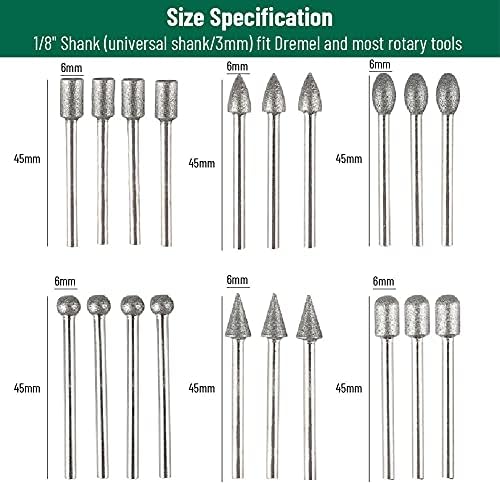 Stone Carving Set Diamond Burr Bits, 20PCS Polishing Kits Rotary Tools Accessories with 1/8 Shank For Carving, Engraving, Grinding, Polishing Stone, Rocks, Jewelry, Glass, Ceramics