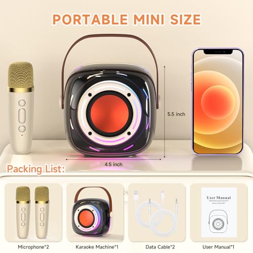 Karaoke Machine with 2 Wireless Mircophones for Adults Kids, Portable Bluetooth Karaoke Speaker with 3.5\" Full-Range Speaker and Colorful LED Lights, Support USB/TF Card/AUX (2Mics) - Thumbnail 6