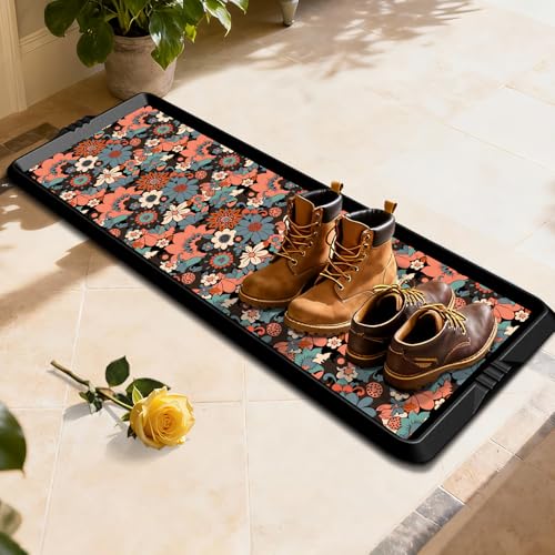 BEHERO Boot Tray Shoe Mat Decorative Patterned, Rubber Shoe Matt Tray Indoor/Outdoor Use, 16" x47.5" Shoe Cleaning Mat Non-Slip, Shoe Storage Waterproof Flower Prints for Entryway, Sunlit Blossom