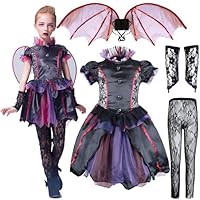 IKALI Bat Costume Kids, Halloween Girls Vampire Costume Gothic Evil Countess Dress Deluxe Outfits with Bat Wing 7-8Y