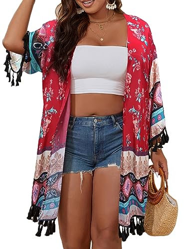 Verdusa Women's Plus Size Tribal Print Tassel Long Sleeve Kimono Cardigan Loose Cover Up Burgundy 1XL