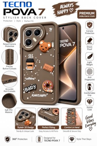 Image of Bintage Back Cover Compatible for Tecno LJ7 / Pova 7 5G | Cute Fun Ball | 3D Taddy Smiley Coffee | Milk Case | Full Body Protection - Brown
