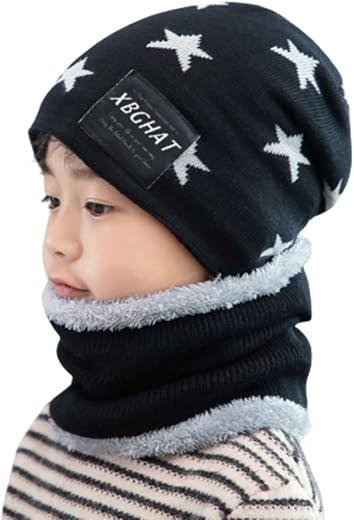 MOMISY Kids Winter Hat and Scarf Set, 2Pcs Warm Knit Beanie Cap and Scarf for 5-10 Years Old Boys and Girls