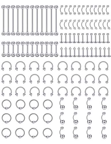 Milacolato 30-120Pcs Body Piercing Lot Stainless Steel Nose Ring Horseshoe Lip Tongue Eyebrow Tragus Body Piercing Navel Rings Barbells 14G 16G