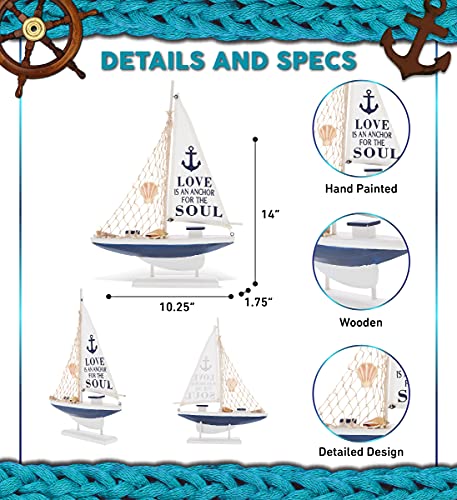 CoTa Global Ocean Blue Sailboat Decor – Handmade Wooden Boat Decor, Cute Beach Style Model Sail Boat Decorations, Nautical Themed Table Top Decor Living Room Centerpiece - 14 Inch - Thumbnail 2