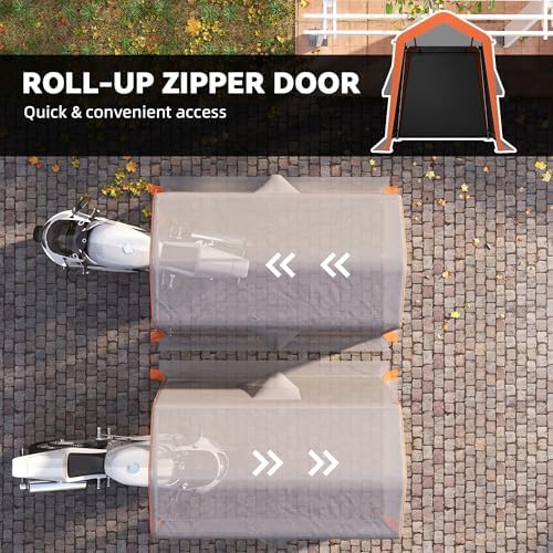 Outsunny 6' x 8' Portable Shed, Outdoor Storage Shed Tent with Roll-up Zipper Door, Galvanised Steel Frame, Windows, Waterproof Motorcycle Bike Tent for Bikes, Tools, Light Grey — view 4